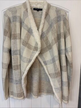 Adrienne Vittadini Plaid Open Front Cardigan - Cream & Light Gray women’s size M